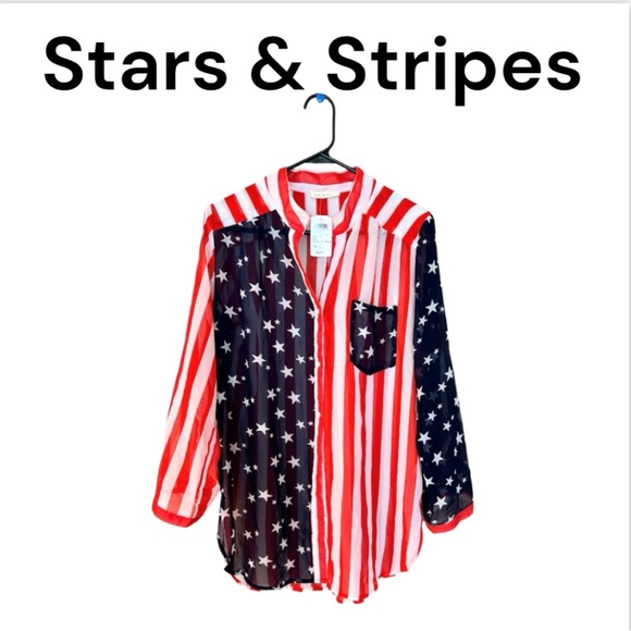 NWT Red, White & Blue Stars & Stripes Sheer Button Down Shirt Size Large - Picture 1 of 10